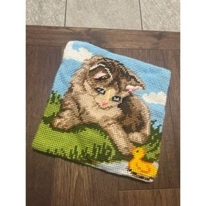 Handmade shag yarn needlepoint Pillow Cover Adorable Kitten with Duckling 16x16